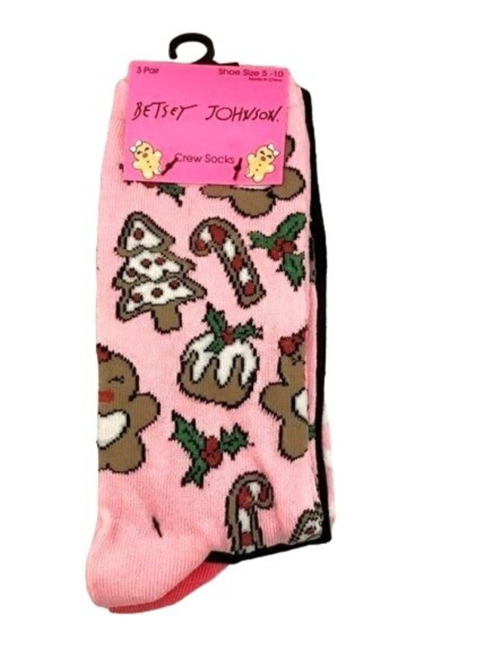 Betsey Johnson Holiday Crew Socks 5-10 Set of 3 Candy Cane Gingerbread Trees